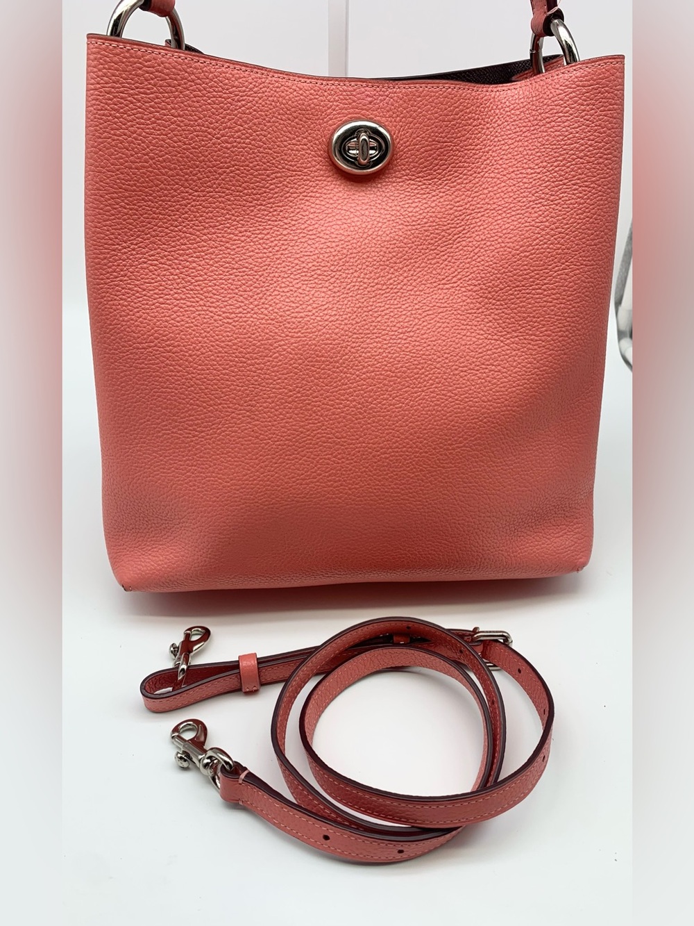 Coach Charlie Bucket Bag 55200 Coral Pebbled Leather Shoulder Tote - Picture 16 of 16